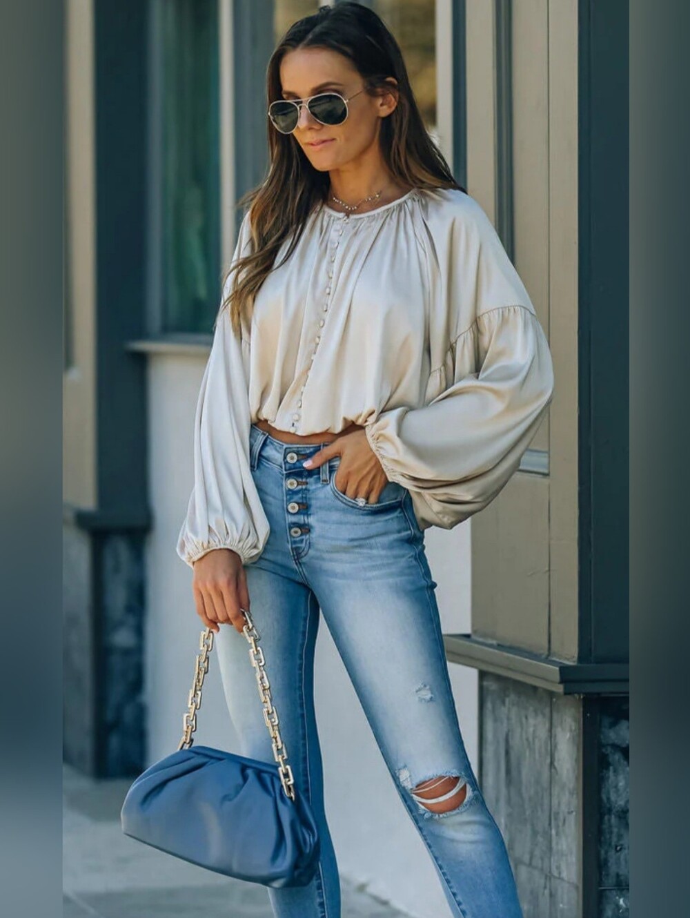 VICI COLLECTION SATIN BALLOON SLEEVE BILLOWY BLOUSE